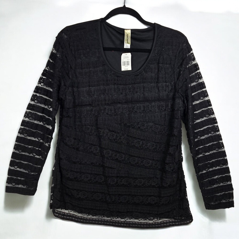 Decorated Originals Top Women's Large Black Lace Tiered Long Sleeve Scoop Neck